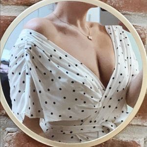 ALICE + OLIVIA DARVA POLKA DOT FAUX WRAP DRESS IN CUTIE POLKA DOT ANTIQUE WHITE